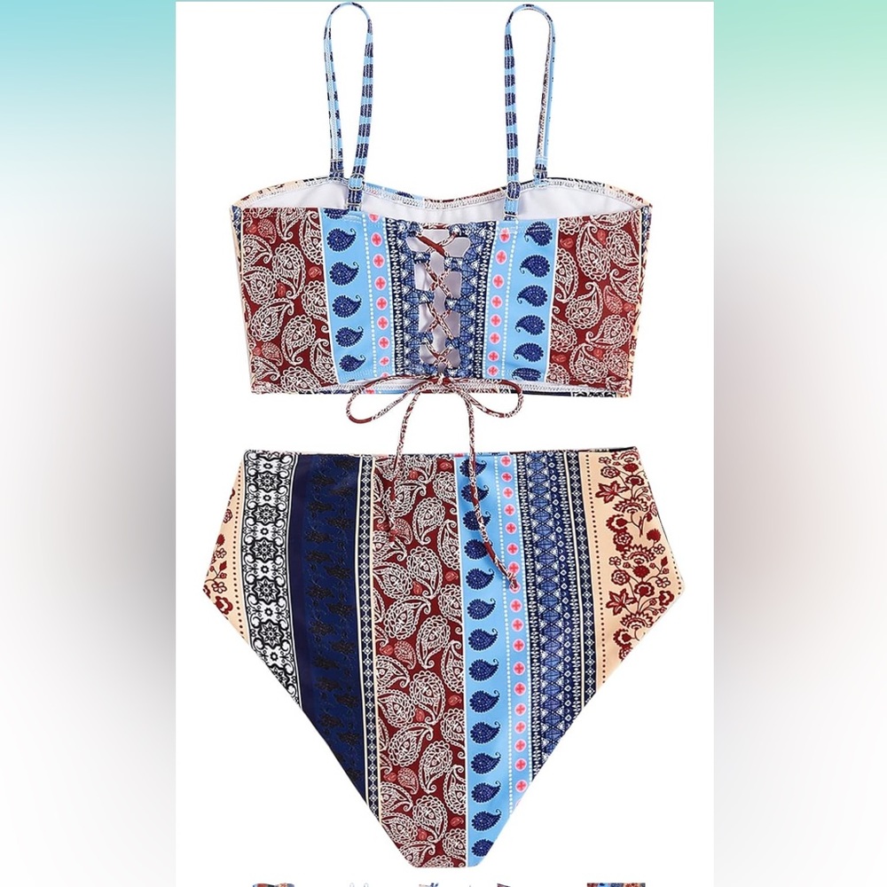 🚘Boho Print Lace-Up Bikini Set high waisted strapless bandeau